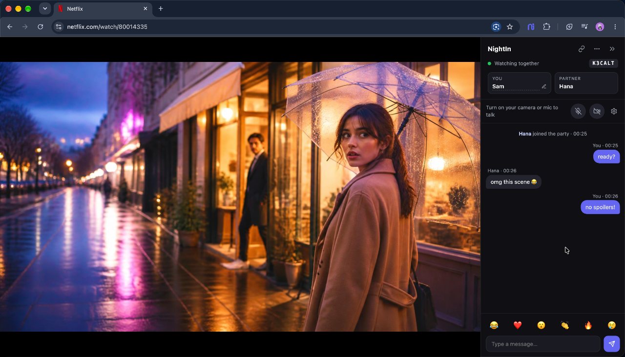 Netflix in Chrome with the NightIn sidebar: party code, both names and the chat