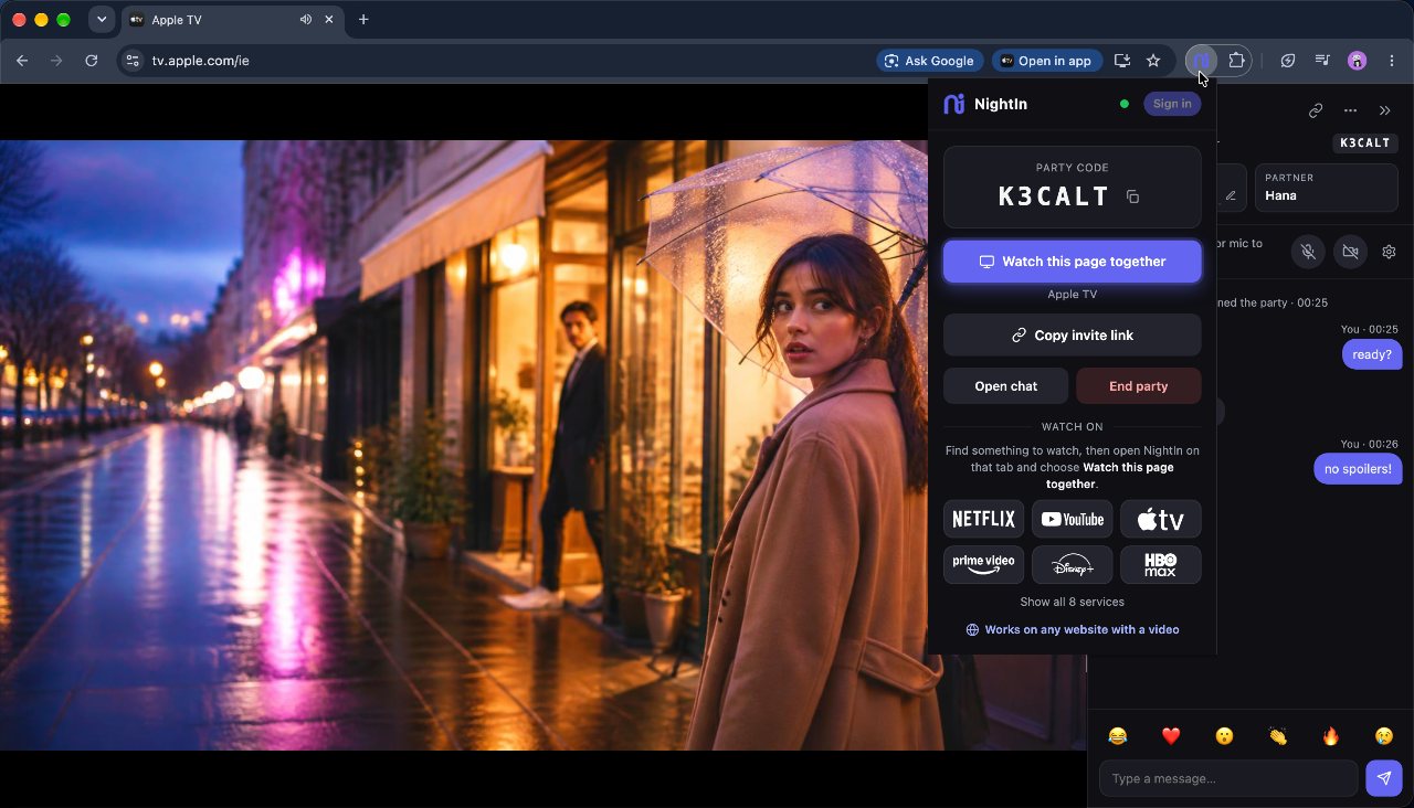 نافذة NightIn أثناء الحفلة: رمز الحفلة وزر Watch this page together وزر Copy invite link